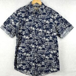 Coastal Hawaiian Tiki Blue Island Luau Camp Casual Shirt Mens Blue Floral Large